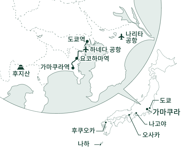 An image showing Kamakura's location in Japan and a close-up map of the surrounding area. Kamakura is located in central Japan, with airports, Tokyo, and Yokohama to the east and Mt. Fuji to the west on the close-up map.